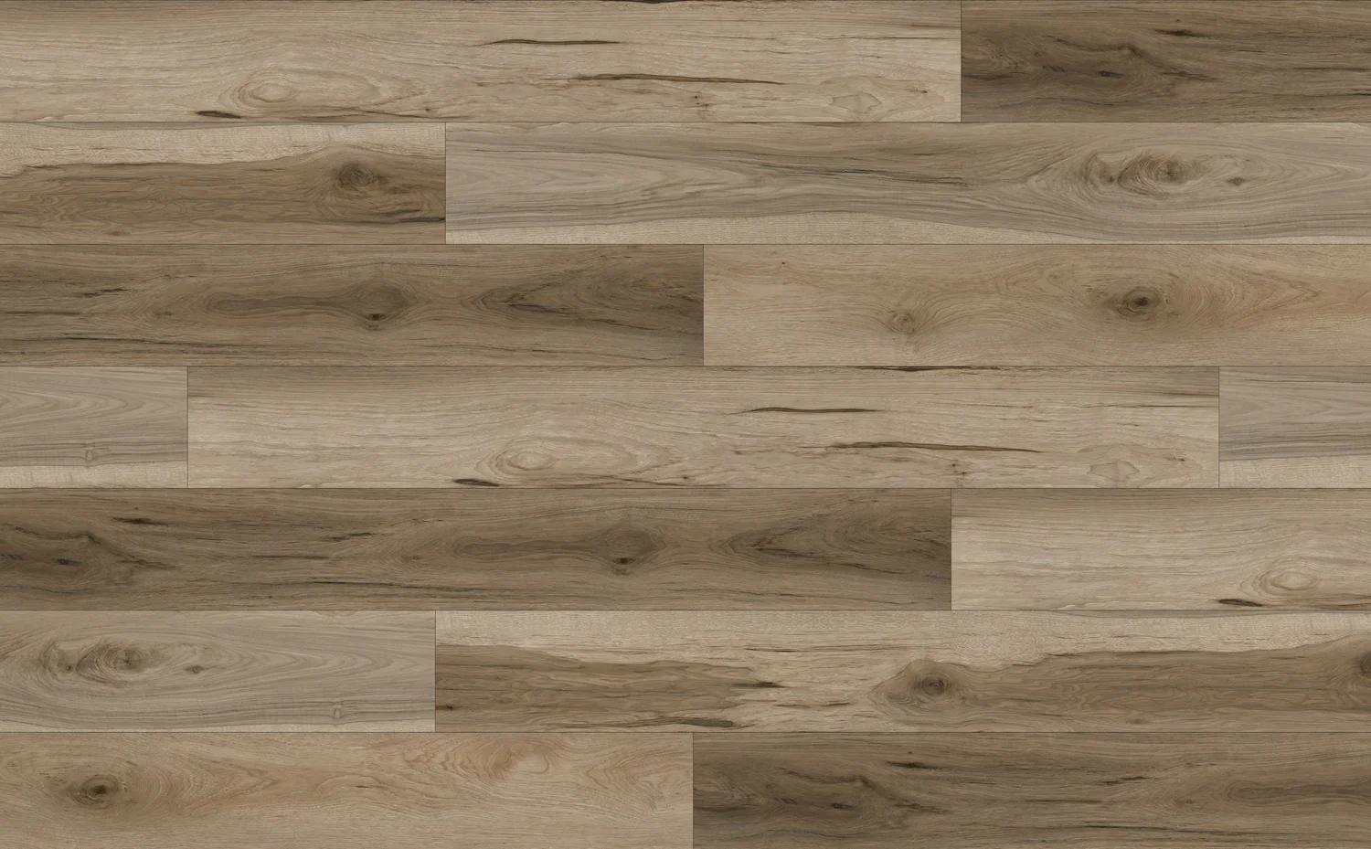Paradigm Buckwheat luxury vinyl plank with rustic mixed-width hickory grain in tan and brown