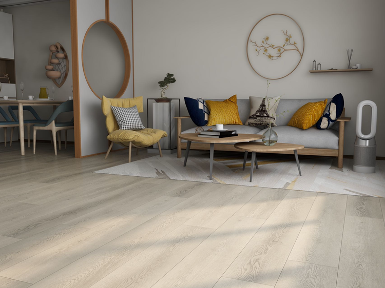 Euro Oak waterproof luxury vinyl plank in a bright, furnished living room