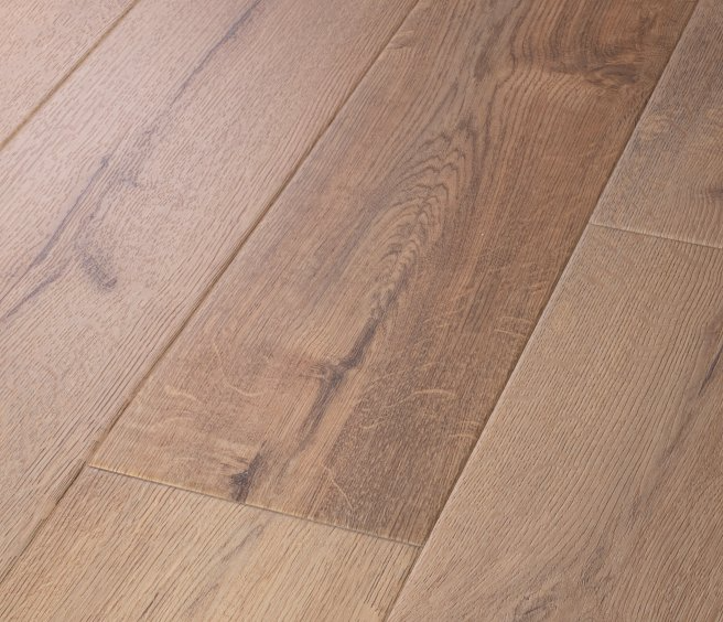 COREtec Sand Dollar Oak luxury vinyl plank with warm medium-brown oak grain and a natural knot figure