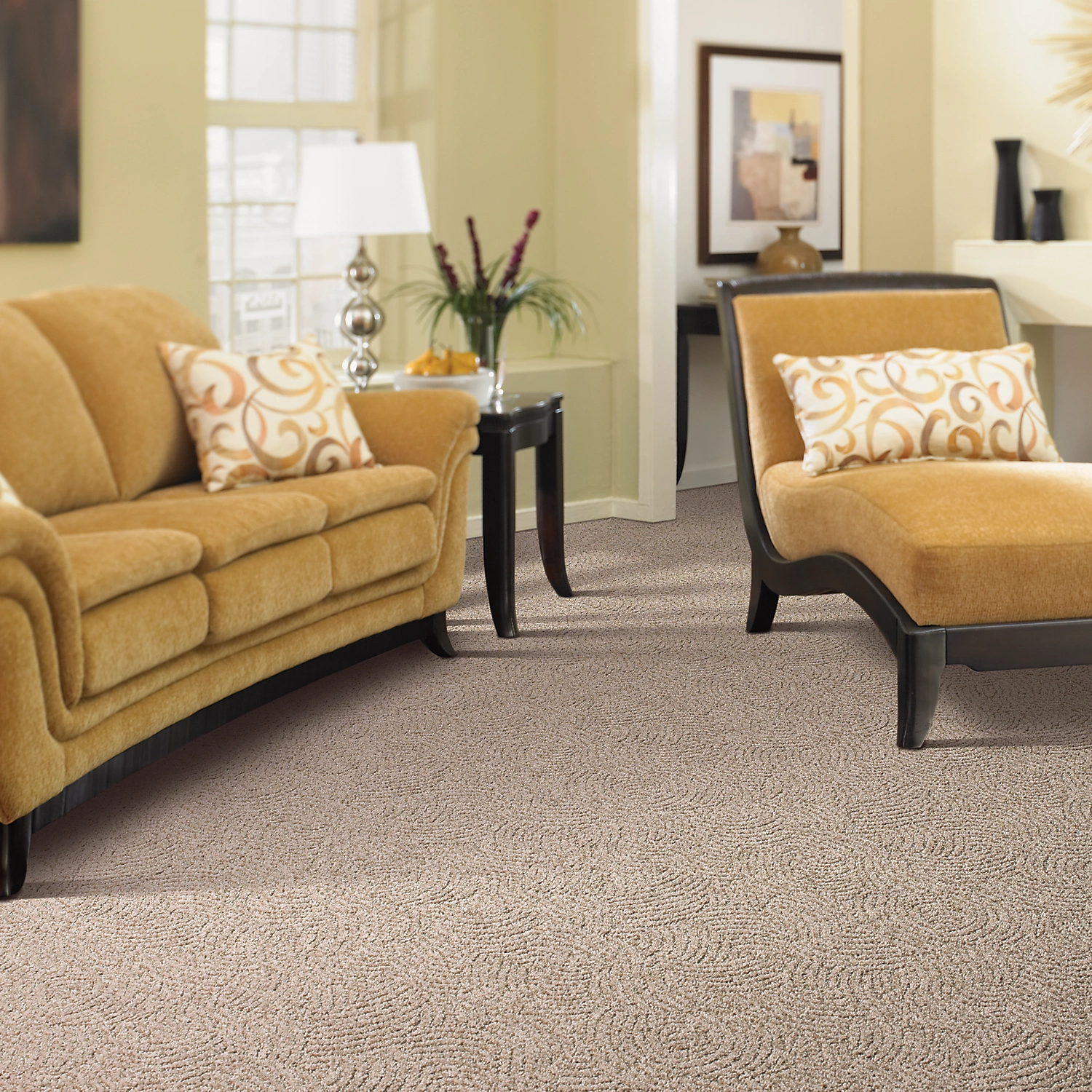 Mohawk EverStrand carpet in a furnished room, a general view of the Zen Retreat collection sold direct at Kwest Flooring in San Diego
