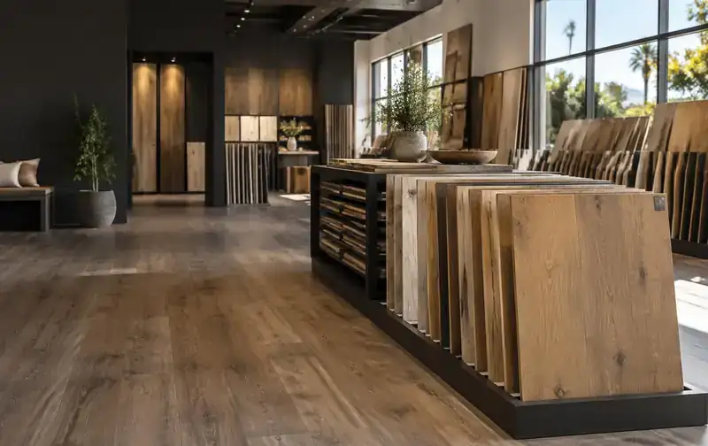 Warm wood and waterproof flooring samples displayed in the Kwest Flooring Services showroom
