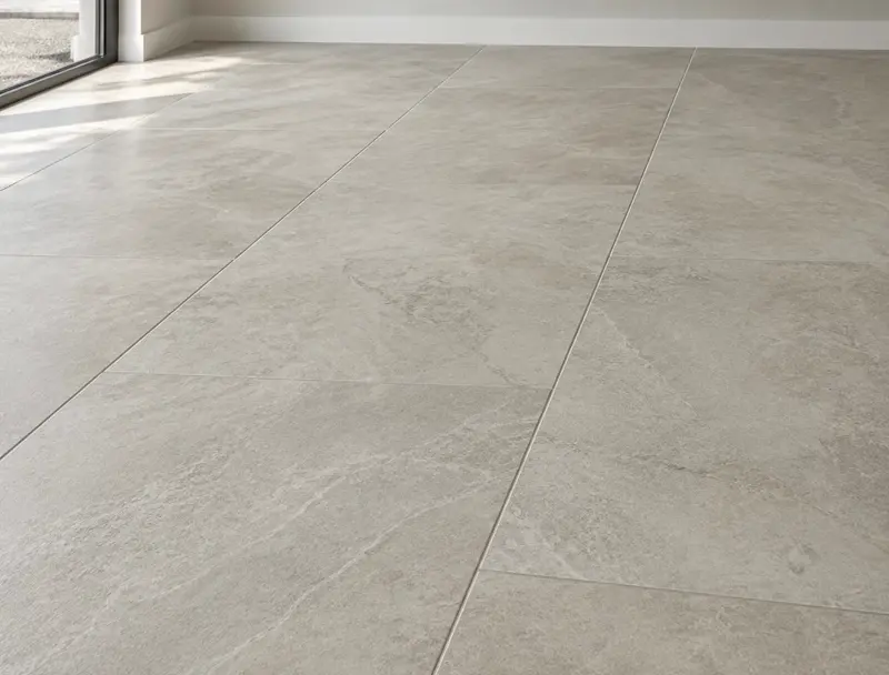 Illustrative rendering of large-format porcelain tile flooring in a warm greige stone look, close-up