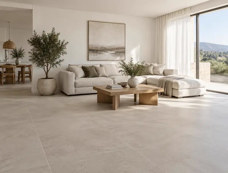 Illustrative rendering of a bright living room floored in large-format porcelain tile